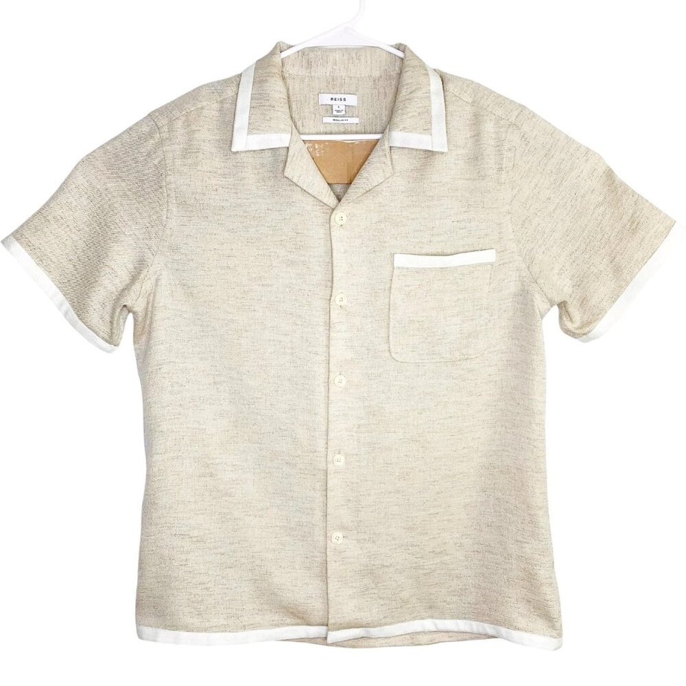 Reiss Mens Cuban Collar Vita Contrast Trim Short Sleeve Shirt Oatmeal Large